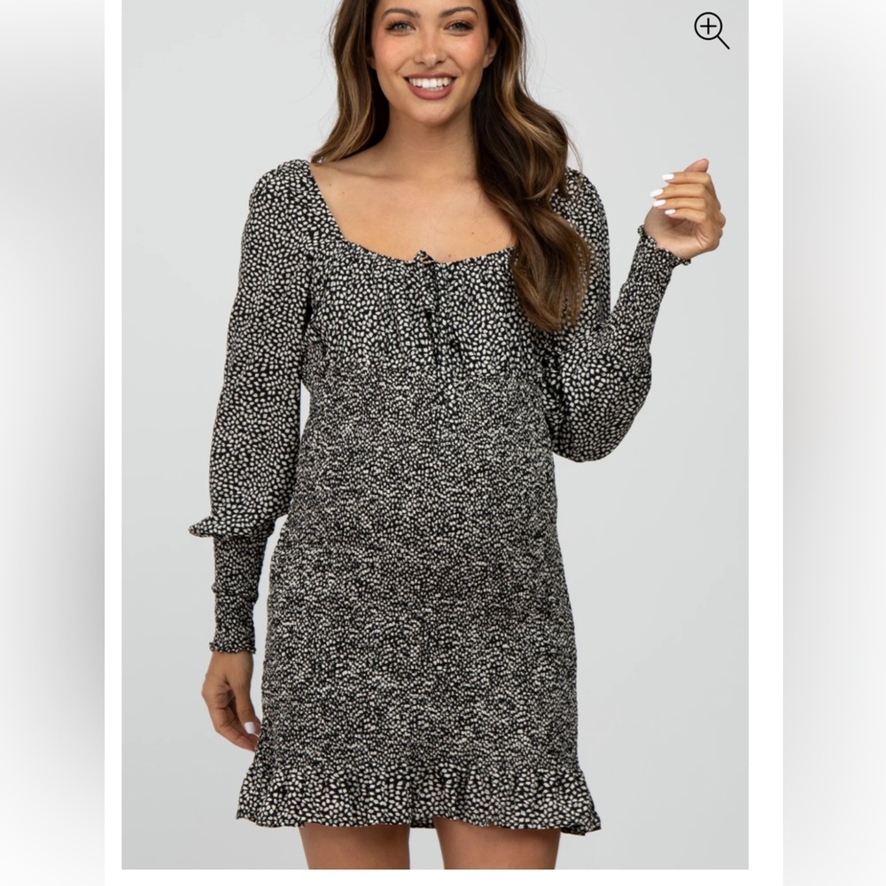 NWT. Black Leaf Print Smocked Maternity Mini Dress
